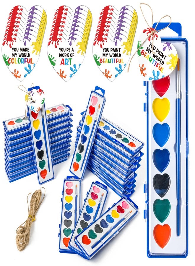 CPicdn Valentine’s Day Gift Watercolor Kids Card Set, 8 Color Watercolor Paint, 24 Pack Bulk Washable Paint Set with Brush for Kids Adult, School Classroom Supplies Party Favors Valentines Gifts - Image 1